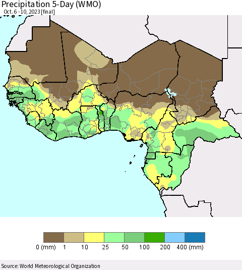 Western Africa Precipitation 5-Day (WMO) Thematic Map For 10/6/2023 - 10/10/2023