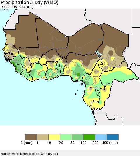 Western Africa Precipitation 5-Day (WMO) Thematic Map For 10/11/2023 - 10/15/2023
