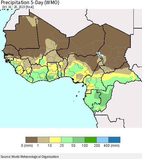 Western Africa Precipitation 5-Day (WMO) Thematic Map For 10/16/2023 - 10/20/2023