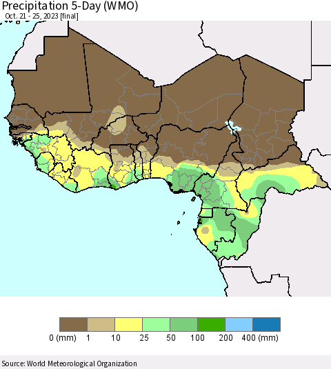 Western Africa Precipitation 5-Day (WMO) Thematic Map For 10/21/2023 - 10/25/2023