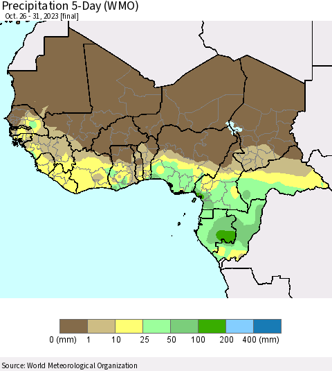 Western Africa Precipitation 5-Day (WMO) Thematic Map For 10/26/2023 - 10/31/2023