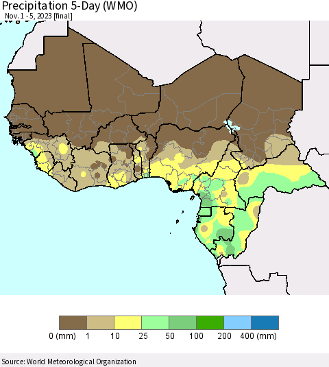 Western Africa Precipitation 5-Day (WMO) Thematic Map For 11/1/2023 - 11/5/2023