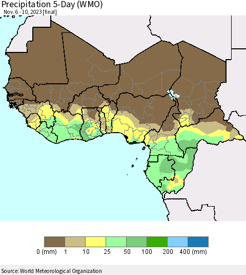 Western Africa Precipitation 5-Day (WMO) Thematic Map For 11/6/2023 - 11/10/2023