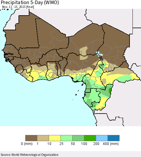 Western Africa Precipitation 5-Day (WMO) Thematic Map For 11/11/2023 - 11/15/2023