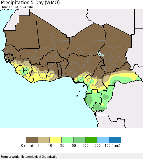 Western Africa Precipitation 5-Day (WMO) Thematic Map For 11/16/2023 - 11/20/2023