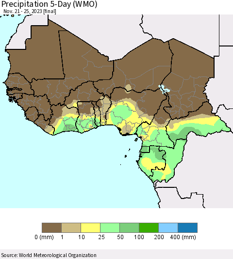 Western Africa Precipitation 5-Day (WMO) Thematic Map For 11/21/2023 - 11/25/2023