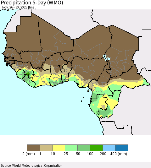 Western Africa Precipitation 5-Day (WMO) Thematic Map For 11/26/2023 - 11/30/2023