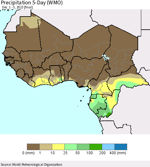 Western Africa Precipitation 5-Day (WMO) Thematic Map For 12/1/2023 - 12/5/2023
