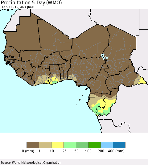 Western Africa Precipitation 5-Day (WMO) Thematic Map For 2/11/2024 - 2/15/2024