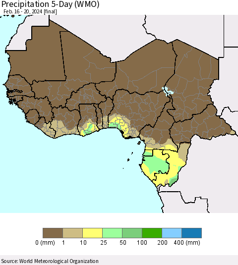 Western Africa Precipitation 5-Day (WMO) Thematic Map For 2/16/2024 - 2/20/2024