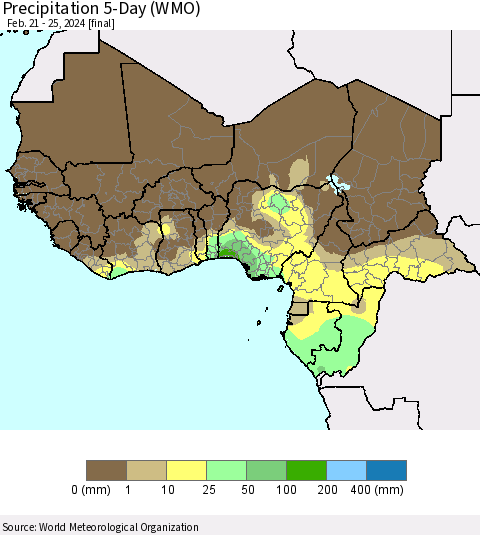 Western Africa Precipitation 5-Day (WMO) Thematic Map For 2/21/2024 - 2/25/2024