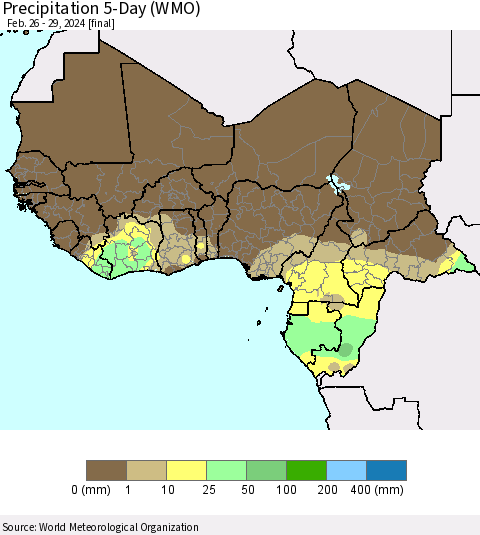 Western Africa Precipitation 5-Day (WMO) Thematic Map For 2/26/2024 - 2/29/2024