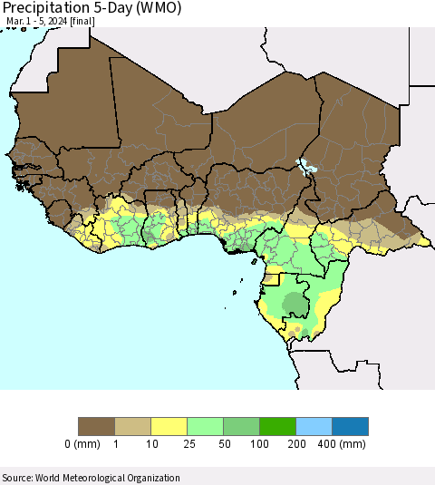 Western Africa Precipitation 5-Day (WMO) Thematic Map For 3/1/2024 - 3/5/2024