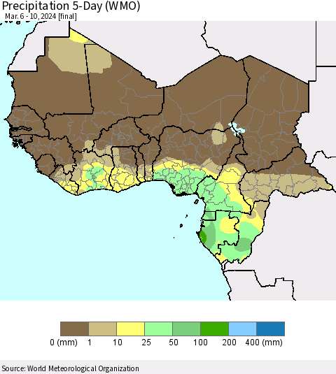 Western Africa Precipitation 5-Day (WMO) Thematic Map For 3/6/2024 - 3/10/2024