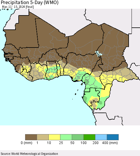 Western Africa Precipitation 5-Day (WMO) Thematic Map For 3/11/2024 - 3/15/2024