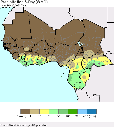 Western Africa Precipitation 5-Day (WMO) Thematic Map For 3/16/2024 - 3/20/2024