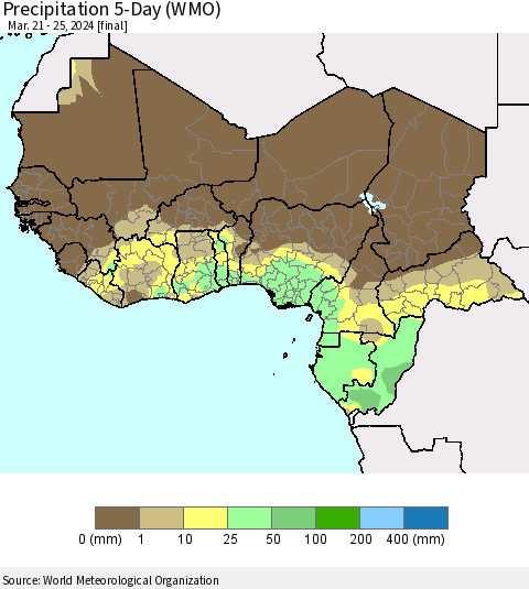 Western Africa Precipitation 5-Day (WMO) Thematic Map For 3/21/2024 - 3/25/2024
