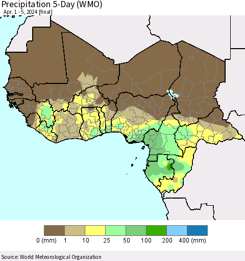 Western Africa Precipitation 5-Day (WMO) Thematic Map For 4/1/2024 - 4/5/2024