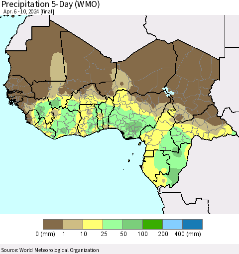 Western Africa Precipitation 5-Day (WMO) Thematic Map For 4/6/2024 - 4/10/2024