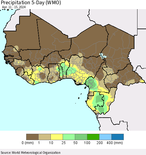 Western Africa Precipitation 5-Day (WMO) Thematic Map For 4/11/2024 - 4/15/2024