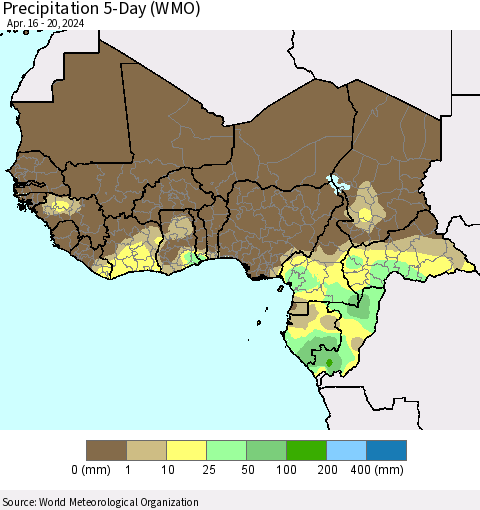 Western Africa Precipitation 5-Day (WMO) Thematic Map For 4/16/2024 - 4/20/2024