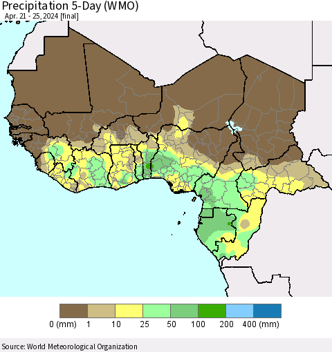 Western Africa Precipitation 5-Day (WMO) Thematic Map For 4/21/2024 - 4/25/2024