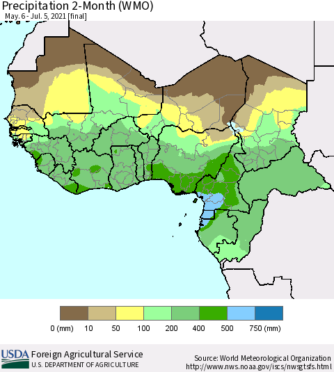 Western Africa Precipitation 2-Month (WMO) Thematic Map For 5/6/2021 - 7/5/2021
