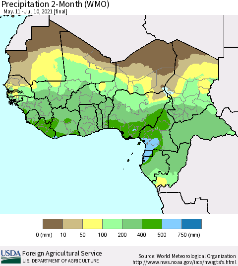 Western Africa Precipitation 2-Month (WMO) Thematic Map For 5/11/2021 - 7/10/2021