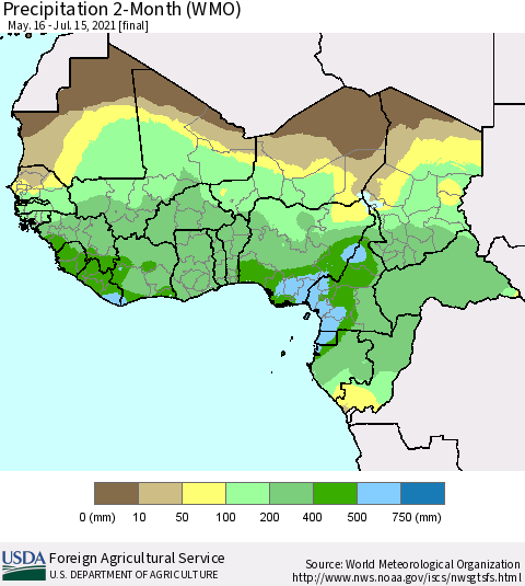 Western Africa Precipitation 2-Month (WMO) Thematic Map For 5/16/2021 - 7/15/2021