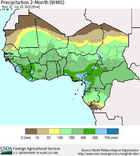 Western Africa Precipitation 2-Month (WMO) Thematic Map For 5/21/2021 - 7/20/2021