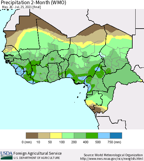 Western Africa Precipitation 2-Month (WMO) Thematic Map For 5/26/2021 - 7/25/2021