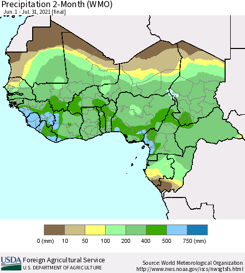 Western Africa Precipitation 2-Month (WMO) Thematic Map For 6/1/2021 - 7/31/2021