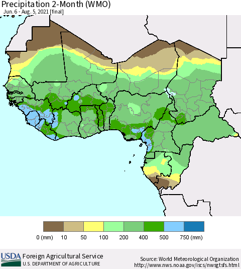 Western Africa Precipitation 2-Month (WMO) Thematic Map For 6/6/2021 - 8/5/2021