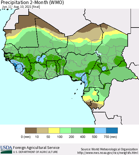 Western Africa Precipitation 2-Month (WMO) Thematic Map For 6/11/2021 - 8/10/2021