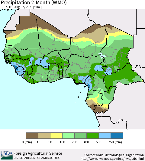 Western Africa Precipitation 2-Month (WMO) Thematic Map For 6/16/2021 - 8/15/2021