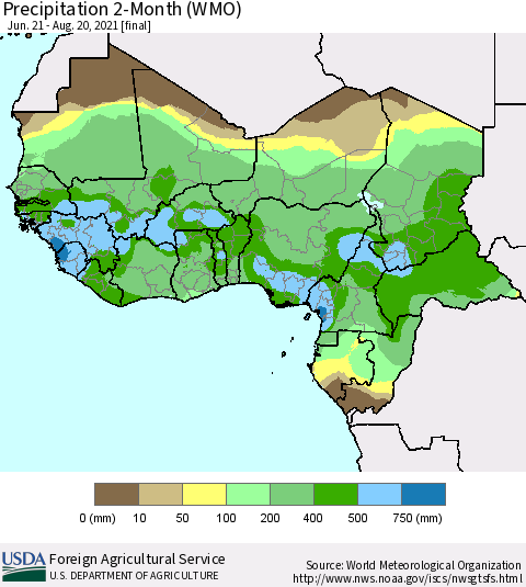 Western Africa Precipitation 2-Month (WMO) Thematic Map For 6/21/2021 - 8/20/2021