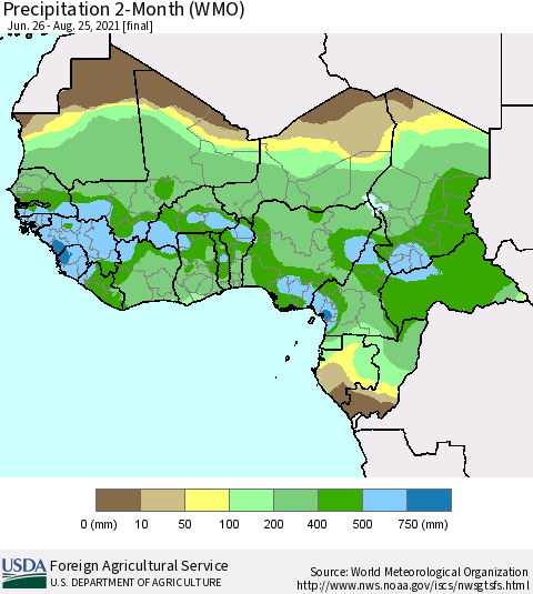 Western Africa Precipitation 2-Month (WMO) Thematic Map For 6/26/2021 - 8/25/2021