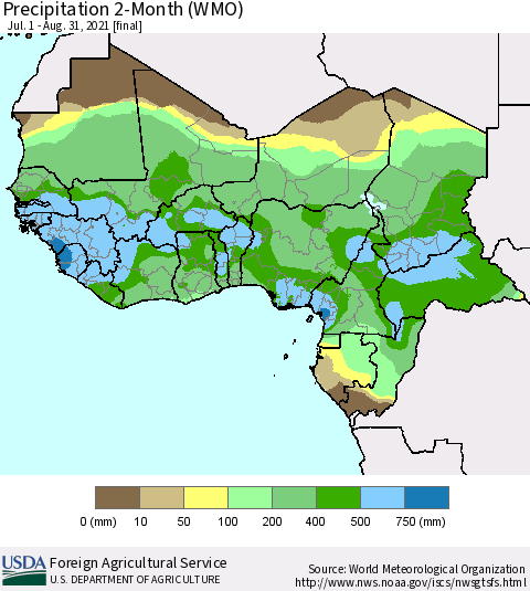 Western Africa Precipitation 2-Month (WMO) Thematic Map For 7/1/2021 - 8/31/2021