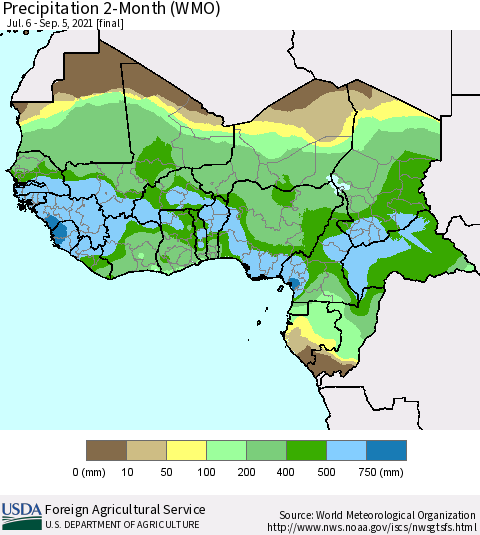 Western Africa Precipitation 2-Month (WMO) Thematic Map For 7/6/2021 - 9/5/2021