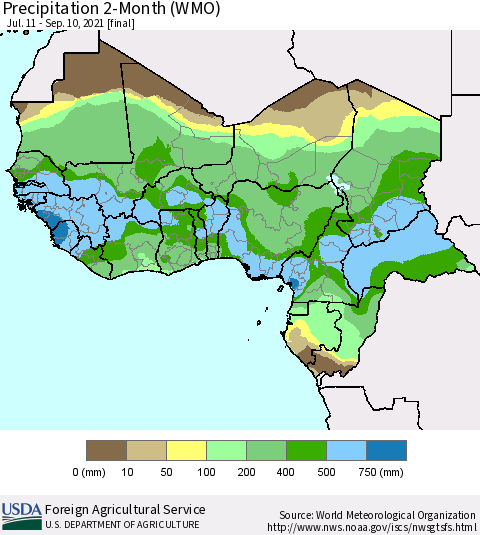Western Africa Precipitation 2-Month (WMO) Thematic Map For 7/11/2021 - 9/10/2021
