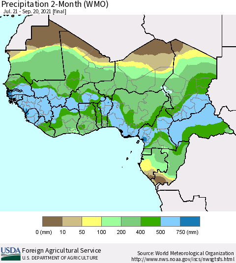 Western Africa Precipitation 2-Month (WMO) Thematic Map For 7/21/2021 - 9/20/2021