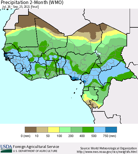 Western Africa Precipitation 2-Month (WMO) Thematic Map For 7/26/2021 - 9/25/2021