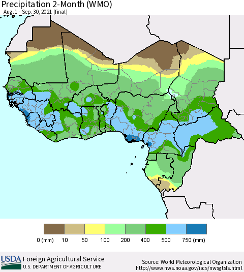 Western Africa Precipitation 2-Month (WMO) Thematic Map For 8/1/2021 - 9/30/2021