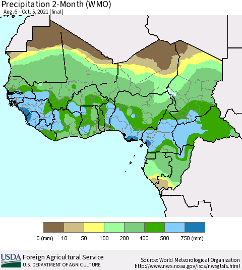 Western Africa Precipitation 2-Month (WMO) Thematic Map For 8/6/2021 - 10/5/2021