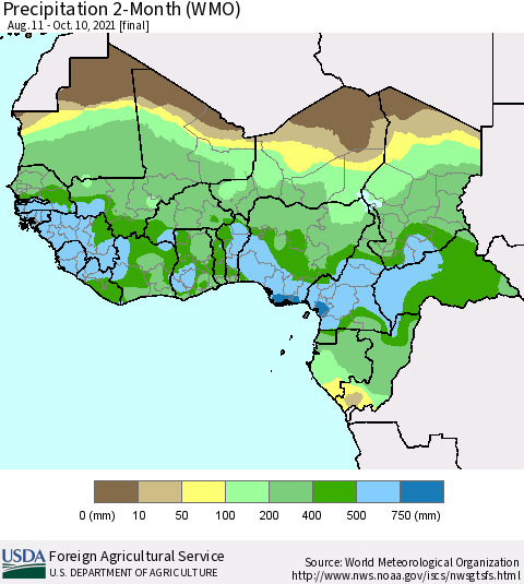 Western Africa Precipitation 2-Month (WMO) Thematic Map For 8/11/2021 - 10/10/2021