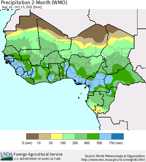 Western Africa Precipitation 2-Month (WMO) Thematic Map For 8/16/2021 - 10/15/2021