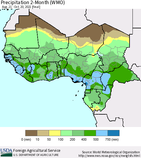 Western Africa Precipitation 2-Month (WMO) Thematic Map For 8/21/2021 - 10/20/2021