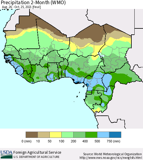 Western Africa Precipitation 2-Month (WMO) Thematic Map For 8/26/2021 - 10/25/2021