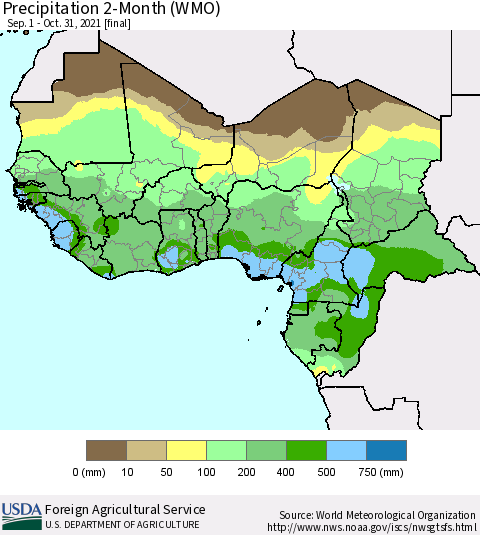 Western Africa Precipitation 2-Month (WMO) Thematic Map For 9/1/2021 - 10/31/2021