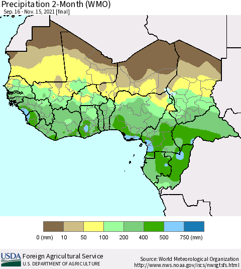 Western Africa Precipitation 2-Month (WMO) Thematic Map For 9/16/2021 - 11/15/2021